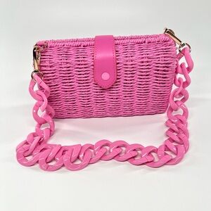 Wicker Woven Pink Mini Handbag Removable Chain Evening Bag